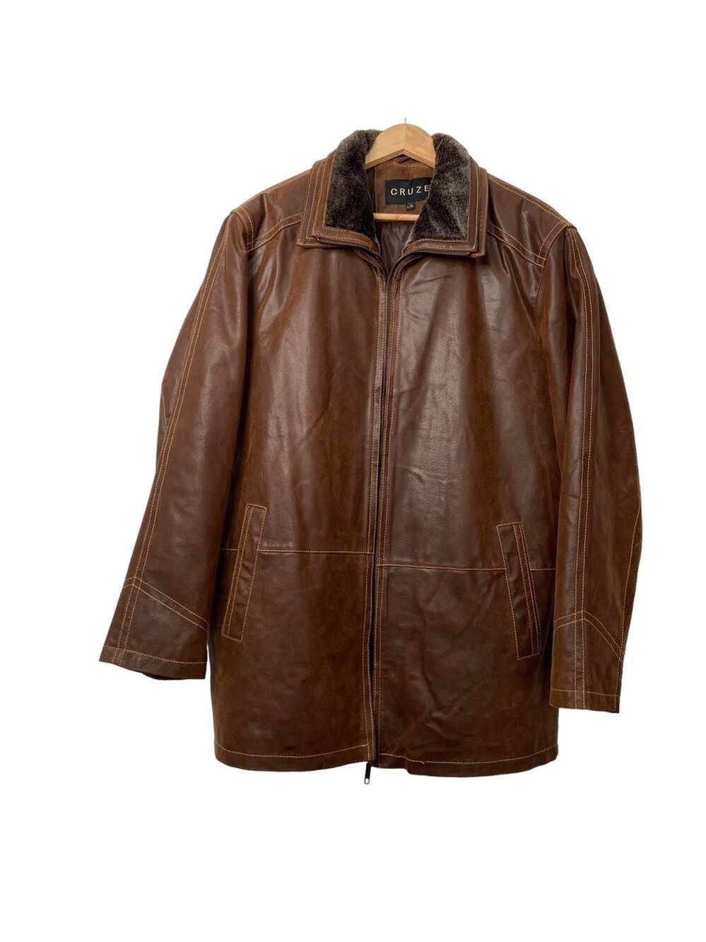 Cruze Genuine Leather Car Coat Mens Large Brown Western Distressed Removable Lin